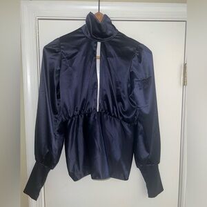 Satin Blue Mock Neck Open Back Boho Boutique Top